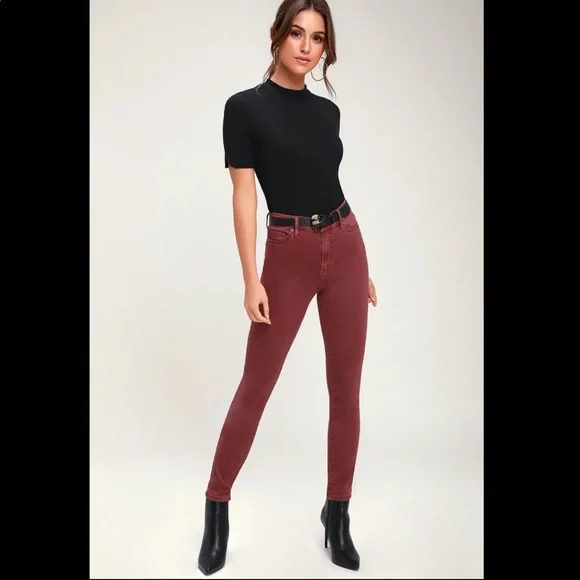 Burgandy High Waisted Skinny Jeans - Picture 1 of 10